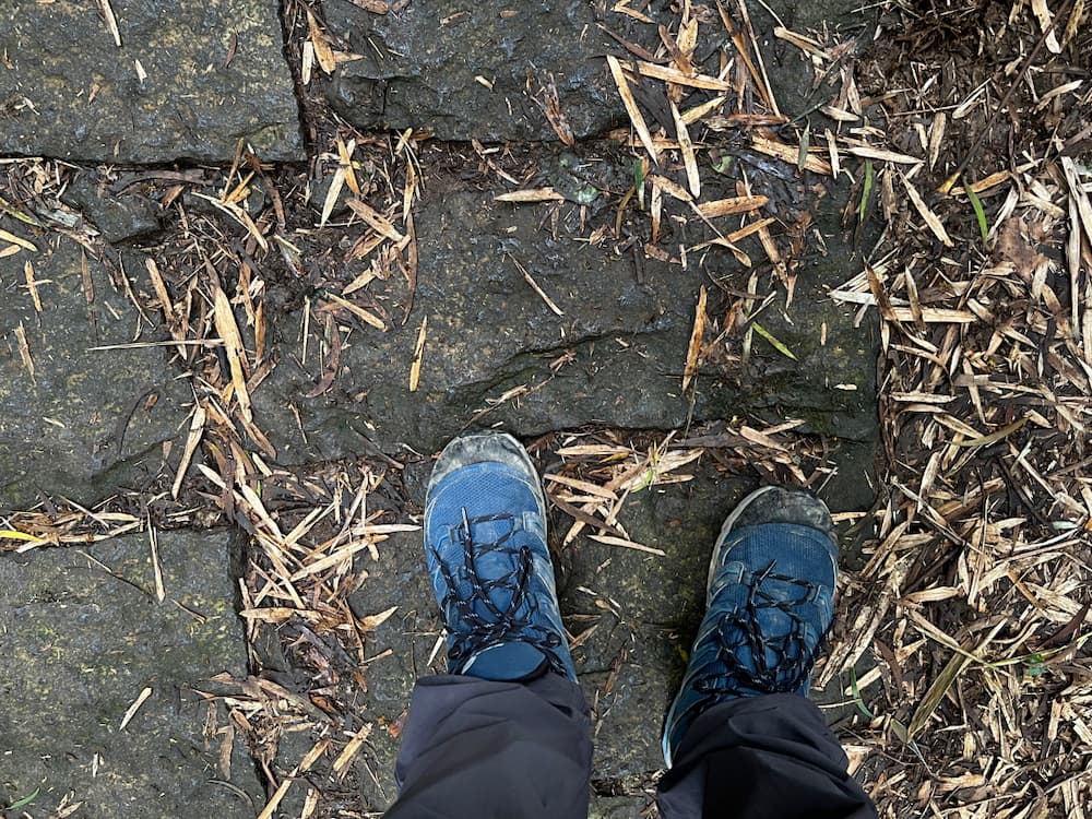 Scarpa hiking boots on stone steps
